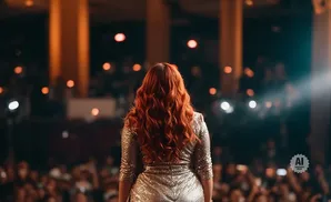 Woman with long, wavy red hair in a sparkly gold dress on stage, facing an audience.