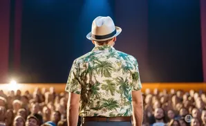 Man in a tropical shirt and hat facing away from the camera on a stage, with an audience in the background.
