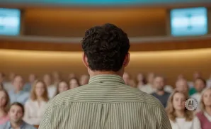 Back view of a man with curly dark hair wearing a striped shirt, facing an audience.