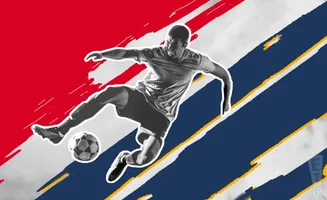 A soccer player in mid-air kicks a ball against a red, white, and blue background with diagonal stripes.