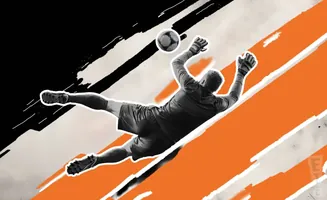 A black and white image of a soccer goalkeeper diving to catch a ball, with orange and black graphic elements.