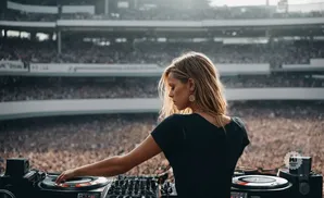 DJ woman with blonde hair plays music on turntables at a stadium concert.