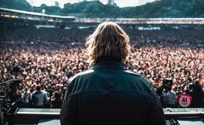 Back view of a person with wavy hair in a black jacket, facing a large, cheering crowd at an outdoor concert.