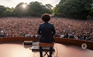 Man with afro in suit sits on stage facing a massive cheering crowd at an outdoor concert.