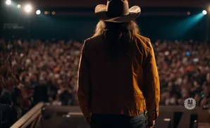 Back view of a country singer with a cowboy hat and long hair on stage, facing a large, blurred audience.