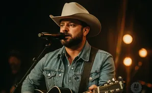 Man wearing a cowboy hat and denim jacket plays guitar and sings into a microphone.