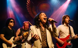 A band performs on stage with bright spotlights. The lead singer is in the foreground, wearing a leopard-print shirt and a cream jacket.