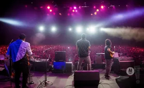 A band plays on a stage with bright pink and purple lights, facing a cheering crowd.