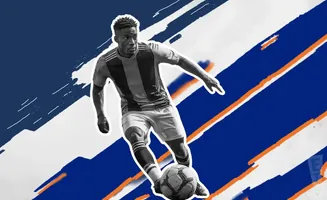 A black and white image of a soccer player in motion against a blue and white background with orange stripes.