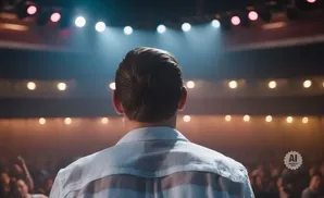 Man with slicked-back hair in a light blue shirt facing a cheering crowd under stage lights.