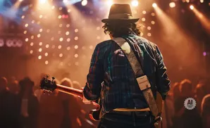 Guitarist in a fedora and plaid shirt plays guitar on stage with a crowd in the background.