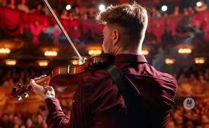 A man plays the violin on a stage with a red curtain and blurred audience.