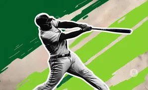 Baseball player swings bat against a backdrop of green and beige abstract streaks.