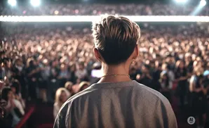 Back of a person's head facing a large, blurred audience under bright stage lights.