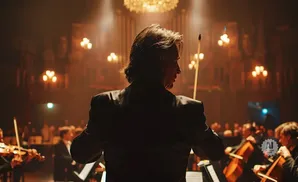 Conductor facing away from camera, leading an orchestra in a dimly lit hall.