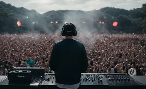 A DJ with headphones stands before a large, cheering crowd at an outdoor music festival.