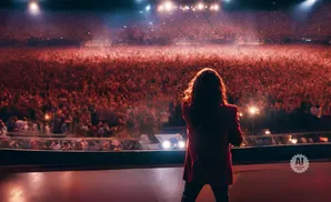 A singer in a red jacket performs for a large, illuminated audience in a stadium.