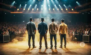 Four men stand on a stage facing a large audience, bathed in stage lights and smoke.