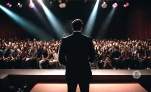 Man in a suit on stage addressing a seated audience under stage lights.