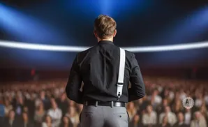 Man in a black shirt and suspenders faces away from the camera, addressing a large, blurred audience in a dimly lit venue.