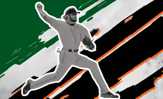A baseball pitcher in mid-air, mid-throw, against a graphic background of green, black, and orange stripes.