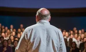 Bald man in a white shirt speaking to a blurred audience.