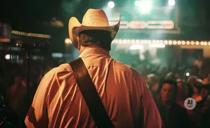 A man in a cowboy hat on stage with a microphone, facing a crowd.