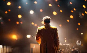 Man in a gold jacket on a stage with blurred orange lights and spotlights.