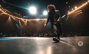 A male performer in a leather jacket dances on a dimly lit stage, with bright spotlights and a crowd of photographers in the background.