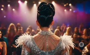 Back view of a woman in a sparkly dress with feather accents, facing a crowd in a dimly lit venue.