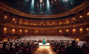 A singer stands before a large choir and orchestra on stage in a grand, ornate theater filled with an audience.
