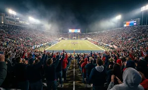 Crowd cheering at a night football game in a packed stadium under bright lights.