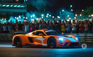 An orange race car with glowing blue headlights is on a track at night, with a cheering crowd in the background.