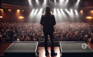 Man in a hat and suit on stage with a large audience.