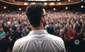 Man in glasses and white shirt speaking to a large, blurred audience.
