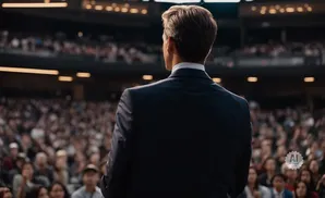 A man in a suit stands with his back to the camera, addressing a large, seated audience.