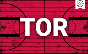 Top-down view of a red basketball court with black lines, hoop, and a basketball logo.