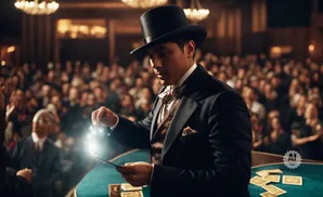 Magician in a top hat performing a card trick with glowing effects on a green table, before an audience.