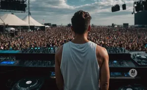 DJ playing music on a stage in front of a large crowd at a festival.