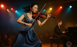 A female violinist plays a solo on stage with a pianist accompanying her in the background.