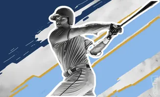 A baseball player in mid-swing against a blue, white, and gold abstract background.