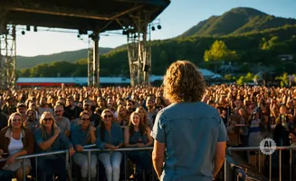 A performer with curly blonde hair faces a large, outdoor concert crowd with mountains in the background.