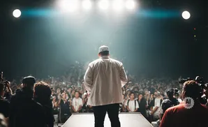 A performer in a white jacket stands on a stage facing a large, cheering crowd under bright lights.
