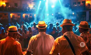 Band plays to a crowd at a concert, with bright blue lights and smoke.