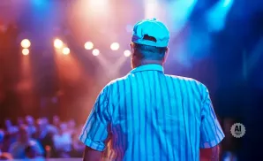 Man in a blue striped shirt and baseball cap on a brightly lit stage.