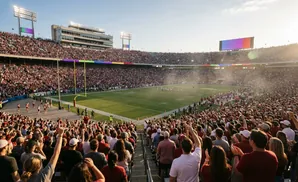 A crowded football stadium at sunset with fans in red cheering.