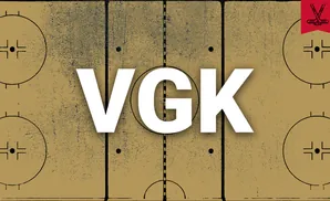 A stylized hockey rink with red splatters and a red banner with crossed hockey sticks.