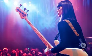 A female bassist plays on a stage with purple and blue lighting.