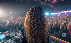 DJ with long curly hair facing a blurred crowd at a concert, with DJ equipment in the foreground.