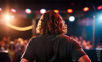 Man with curly hair facing away from camera on stage, with blurred audience and colorful lights in the background.